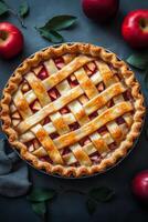 Delicious apple pie with a lattice crust surrounded by fresh apples and leaves photo