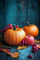 Autumn harvest display with pumpkins, apples, grapes, and colorful leaves on rustic wooden backdrop photo