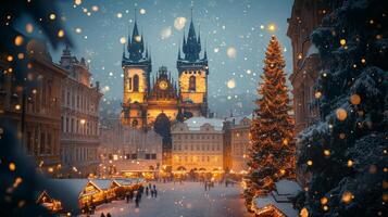 Evening winter market in Prague with festive lights, snow-covered streets, and historical buildings photo
