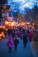 A festive autumn evening stroll through a lit-up neighborhood with families and pumpkins photo