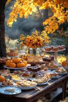 Autumn celebration with a vibrant display of treats and flowers in a scenic outdoor setting photo