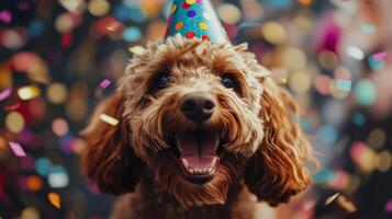 Happy dog celebrating with confetti and a party hat during a joyful birthday celebration photo