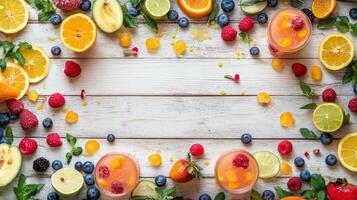 Colorful fruit and refreshing drinks arranged artistically on a wooden table in sunny weather photo