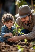 Child plants a young tree with help in a garden during sunny afternoon photo