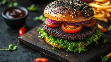 Delicious black burger buns with lettuce, tomato, and beef patties on a wooden board photo