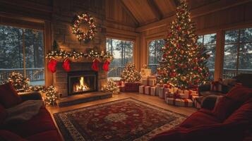 Cozy holiday living room decorated with trees and wreath, featuring festive colors and ambiance photo
