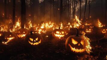 Fiery Halloween night with glowing pumpkins amidst a wild forest blaze photo