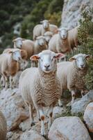 Sheep grazing among rocky terrain in a serene countryside setting photo