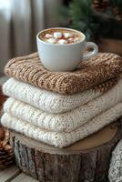 Warm cup of hot chocolate with marshmallows atop cozy knitted sweaters in autumn setting photo