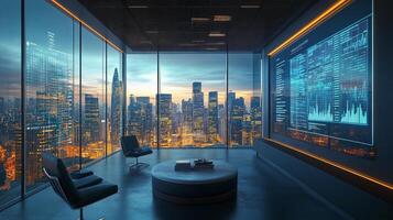 Modern office with panoramic city view at dusk, showcasing advanced technology and data analytics photo
