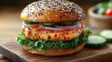 Grilled salmon burger with fresh vegetables on a wooden board photo