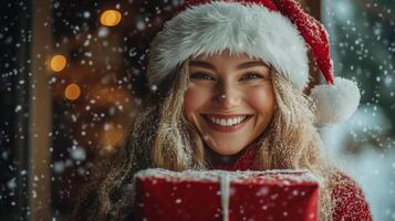 Santa Claus joyfully holding a beautifully wrapped gift in front of a decorated Christmas tree photo