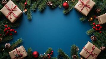 Christmas gift arrangement with pine and decorative elements on blue background photo