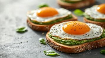 Avocado toast with fried egg on rustic bread topped with herbs photo
