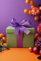 Brightly wrapped green gift box with purple ribbon on orange and purple background photo