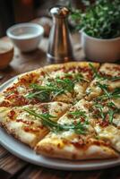Delicious pizza topped with fresh vegetables served in a cozy restaurant setting photo