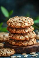 Freshly baked oatmeal cookies stacked on a wooden board in a rustic kitchen photo