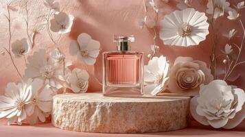Elegant perfume bottle surrounded by delicate paper flowers on a pink background photo