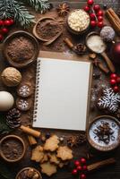 Ingredients and cooking essentials arranged for holiday baking on a wooden table photo