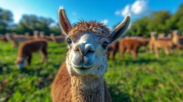 Young llama grazing in a vibrant green field during a sunny day photo
