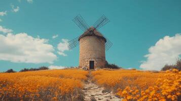 Windmill under bright sun in clear blue sky with scattered clouds photo