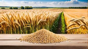 Wide shot of Yellow wheat grain seeds stack on wooden table with wheat field view and rural background photo