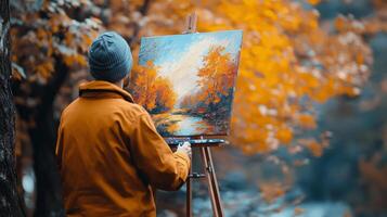 An artist captures the beauty of autumn in a serene forest setting during a sunny afternoon photo