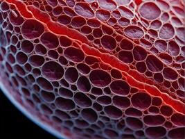 Macro shot of red human blood vein showcasing the intricate interplay between the red cells and translucent cells structure form photo