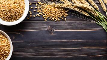 Top view of Wheat grain seeds in two ceramic bowls adorned by ear of wheat and seed heap on wooden table with blank space for design photo