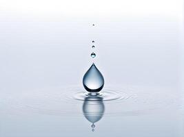 Close up of a single water drop dripping on liquid surface making waves effect against light blue background photo