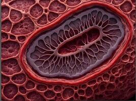 Close up of a cross section of a human vein showcasing the intertwined patterns of human blood and elements form structure photo