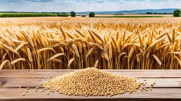 Yellow wheat grain seeds stack on wooden table with golden wheat field view and rural background photo