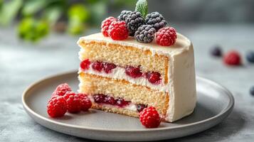 Delicious cheesecake topped with fresh berries on a dark plate photo