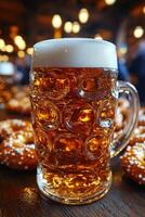 Enjoying a delicious mug of beer alongside soft pretzels at a lively festival in autumn photo