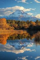 Majestic mountain reflected in calm lake surrounded by autumn foliage at sunset photo