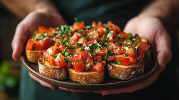 Chef serving freshly made bruschetta topped with tomatoes and herbs on a rustic plate photo