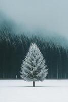 Snow-covered evergreen tree stands alone in a misty winter landscape at dawn photo