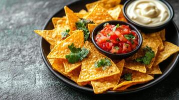 Crunchy tortilla chips with fresh pico de gallo and creamy dip on a dark surface photo