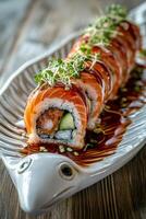 Gourmet sushi roll with salmon and cucumber on a decorative plate photo
