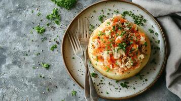 Creamy mashed potatoes topped with sauteed onions and herbs on a rustic table photo
