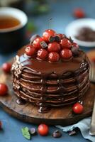 Delicious stack of chocolate pancakes topped with cherries and chocolate chips photo