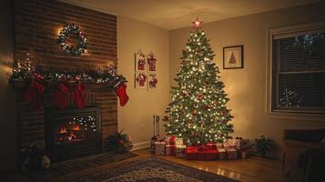 Cozy living room with a Christmas tree, presents, and a warm fireplace on a winter evening photo