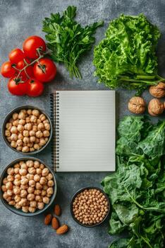 Fresh vegetables and nuts arranged around a blank notepad on a textured surface photo