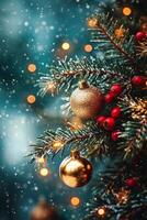 Golden ornaments sparkle on a snow-covered Christmas tree in a cozy winter setting photo