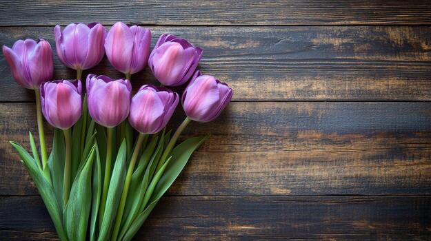 púrpura tulipanes arreglado pulcramente en un de madera superficie foto