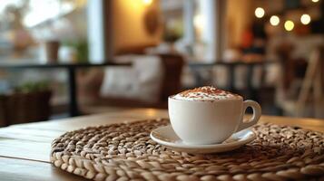 Beautiful latte art in a white cup on a wooden table in a cozy cafe photo
