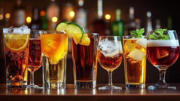 A variety of refreshing cocktails presented on a bar counter during a vibrant evening gathering photo