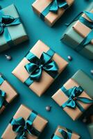 Beautifully wrapped presents with teal ribbons on a vibrant blue background for festive celebrations photo