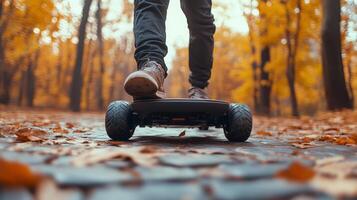 Person riding an electric skateboard on a cobblestone path during autumn in a forest photo