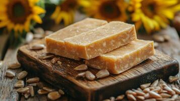 Sunflower seed soap bars on a wooden board with bright flowers in the background photo